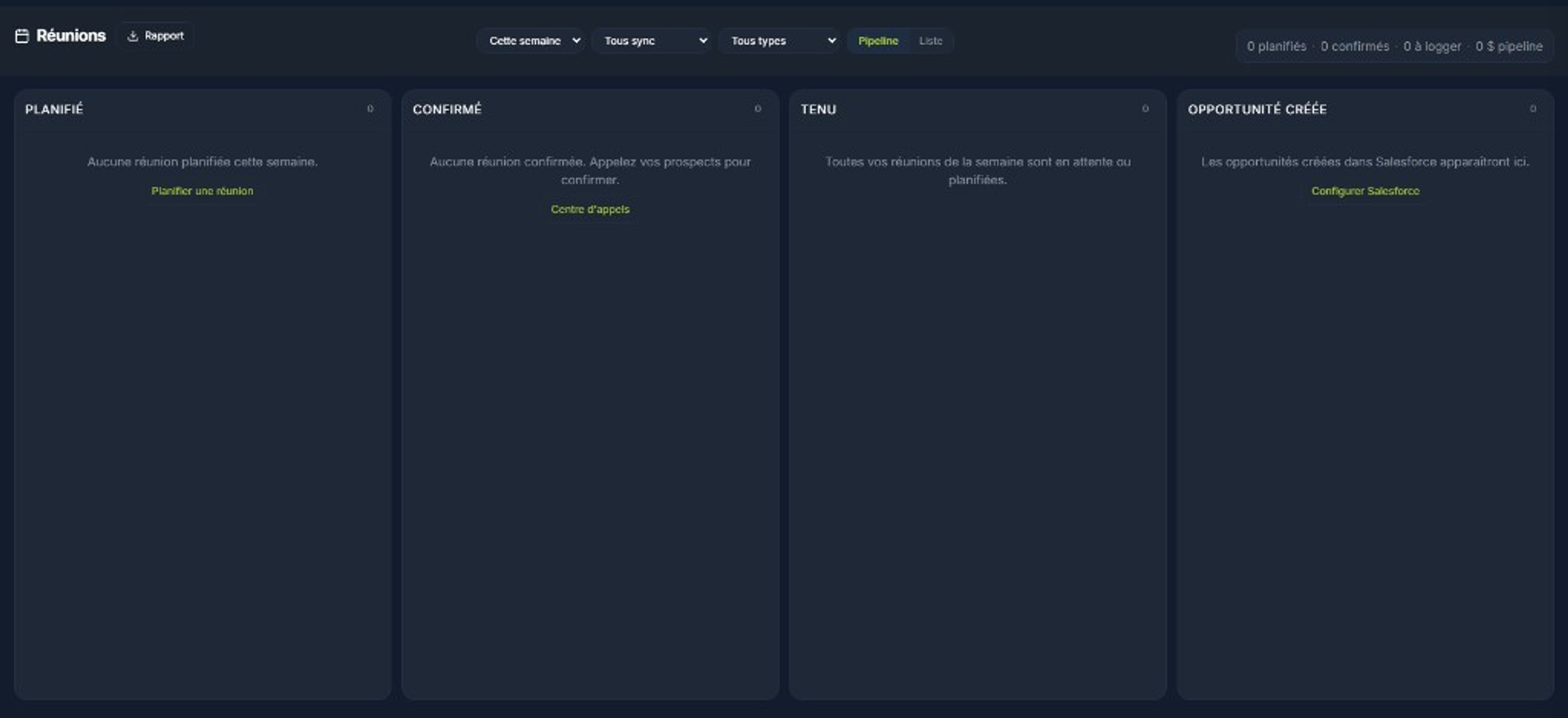 Réunions RadarCRM — pipeline Kanban Planifié, Confirmé, Tenu et Opportunité créée