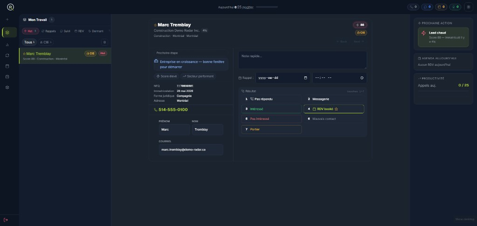 Mon Travail RadarCRM — fiche avec numéro vérifié, score et champs contact